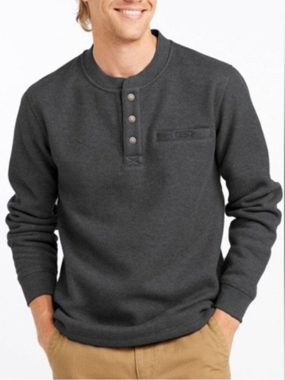 L.L. BEAN Men's Katahdin Iron Works® Bonded Waffle Fleece Henley Gray Large